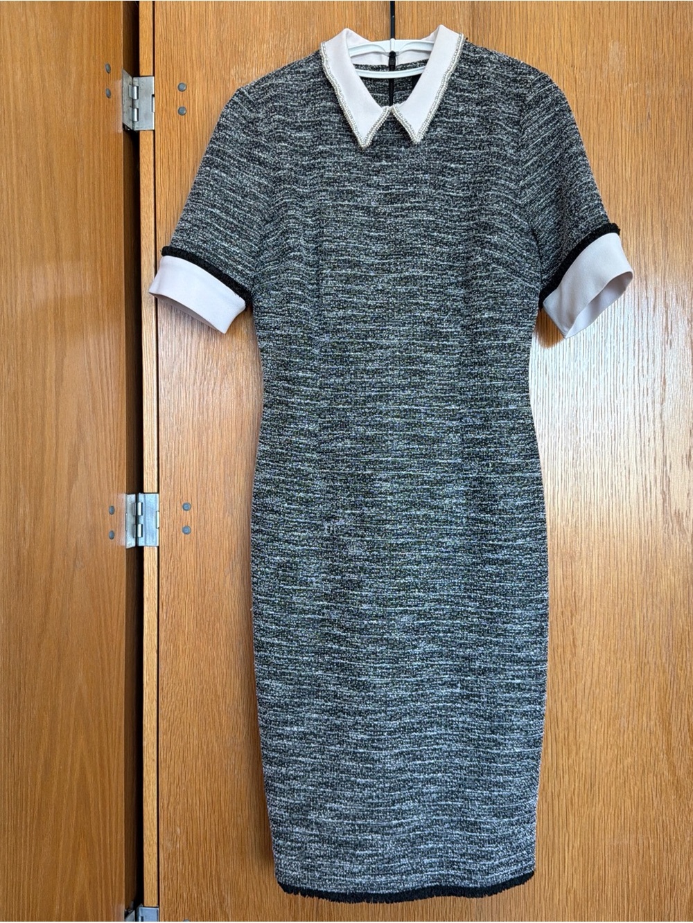 Ivanka Trump Gray Knit Sheath Dress with White Collar and Cuff Detail
